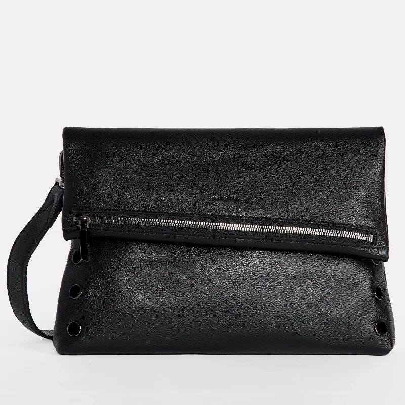 Leather Clutch with Chain Strap in Black for Cocktail PartiesVIP | Black/Gunmetal | Lrg Leather Clutch with Chain Strap in Black for Cocktail PartiesVIP | Black/Gunmetal | Lrg
