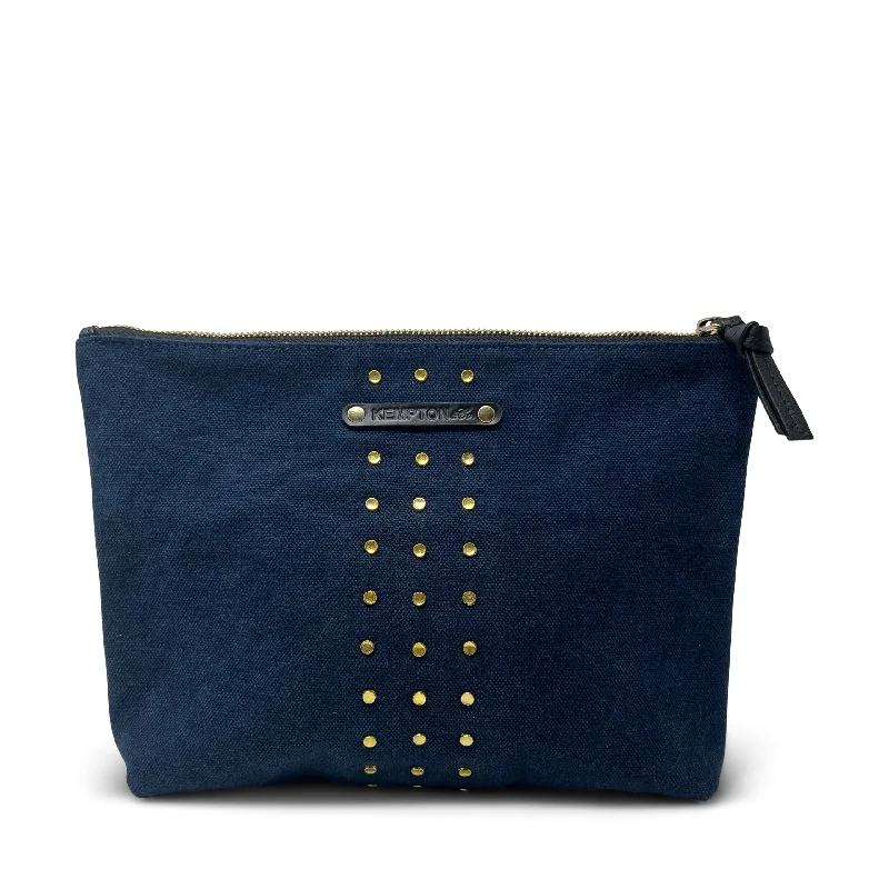 Women's Faux Fur Clutch in White for Winter BallsWashed Navy Studded Medium Canvas Pouch Women's Faux Fur Clutch in White for Winter BallsWashed Navy Studded Medium Canvas Pouch